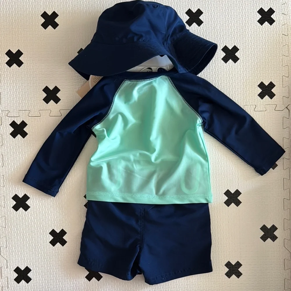 First impressions Kids Swim Set with Hat - Navy and Mint size 6-9m